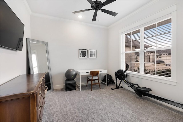 1737 Kerr Valley Ln, College Station, TX 77845 - carpeted office featuring crown molding, a ceiling fan, baseboards, and recessed lighting