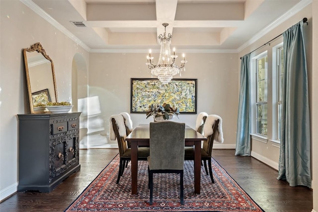 9525 Stratus Dr, Dripping Springs, TX 78620 - dining area with coffered ceiling, healthy amount of natural light, a chandelier, dark wood finished floors, and baseboards