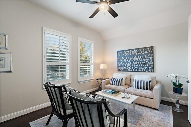 9525 Stratus Dr, Dripping Springs, TX 78620 - living area featuring ceiling fan, baseboards, wood finished floors, and lofted ceiling