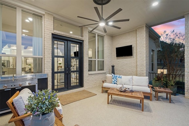 9525 Stratus Dr, Dripping Springs, TX 78620 - view of patio with french doors, outdoor lounge area, and ceiling fan