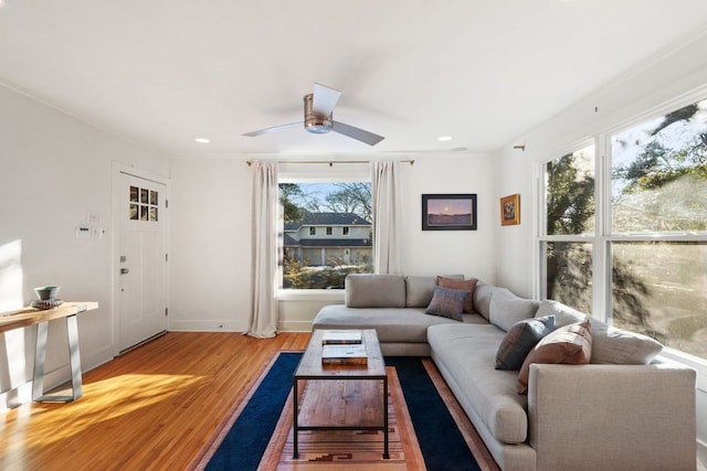 3506 Clearview Dr, Austin, TX 78703 - living area featuring light wood-type flooring, a ceiling fan, and recessed lighting