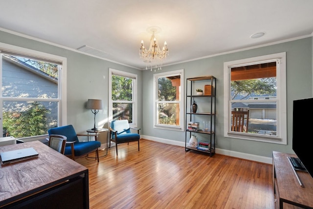 3506 Clearview Dr, Austin, TX 78703 - office area featuring a chandelier, wood-type flooring, plenty of natural light, and ornamental molding
