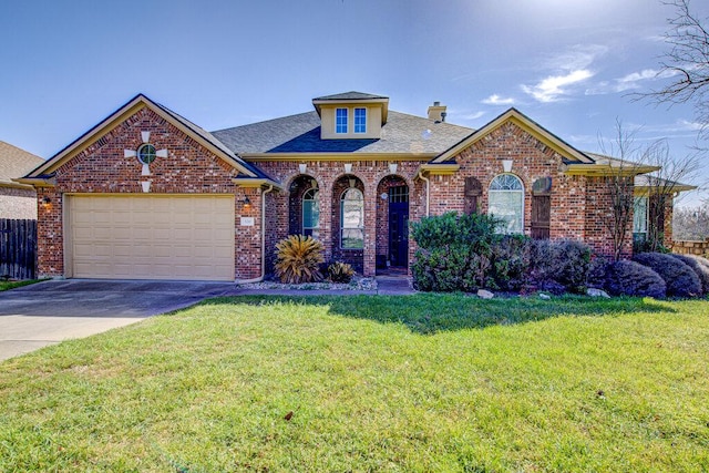 120 Mountain Laurel Way, Austin, TX 78737 - view of front of property featuring brick siding, concrete driveway, a garage, a front lawn, and a chimney