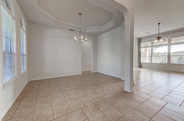 120 Mountain Laurel Way, Austin, TX 78737 - spare room with light tile patterned floors, a chandelier, a raised ceiling, baseboards, and ceiling fan