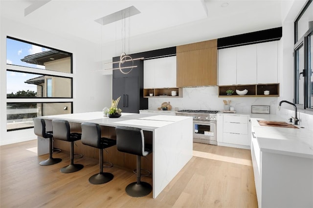 106 Bella Montagna Cir, Austin, TX 78734 - kitchen featuring modern cabinets, high end stainless steel range, decorative backsplash, and light wood-style floors