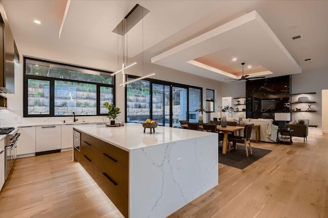 106 Bella Montagna Cir, Austin, TX 78734 - kitchen featuring modern cabinets, white cabinetry, light wood-style floors, a kitchen island, and light stone counters