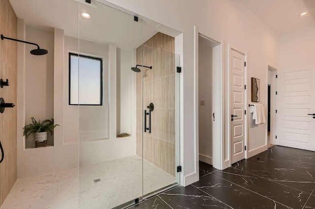106 Bella Montagna Cir, Austin, TX 78734 - bathroom with walk in shower, marble finish flooring, and recessed lighting