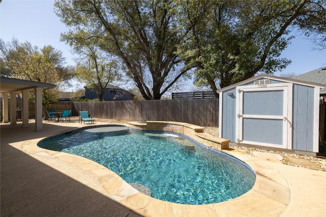 2103 Heather Dr, Cedar Park, TX 78613 - view of swimming pool featuring a patio, a storage shed, and a fenced backyard