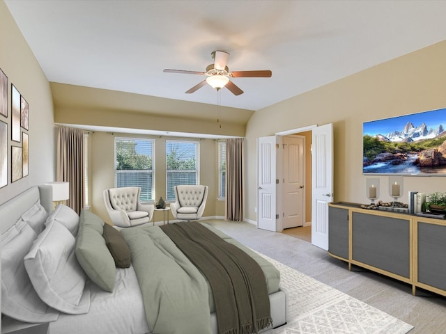 2829 Homecoming, Leander, TX 78641 - bedroom with light colored carpet, baseboards, a ceiling fan, and vaulted ceiling