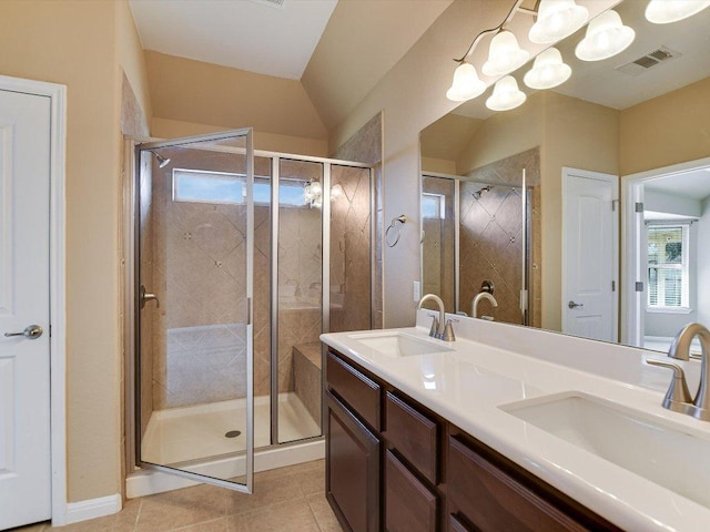 2829 Homecoming, Leander, TX 78641 - bathroom featuring a shower stall, tile patterned flooring, double vanity, and a chandelier