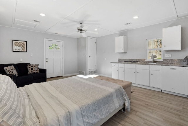 5307 Halmark Dr, Austin, TX 78723 - bedroom featuring recessed lighting, light wood-type flooring, attic access, and a ceiling fan