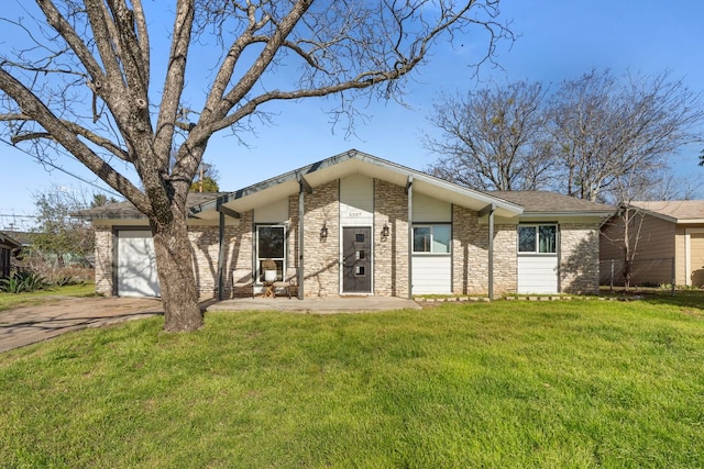 5307 Halmark Dr, Austin, TX 78723 - mid-century inspired home with driveway, a garage, brick siding, and a front yard