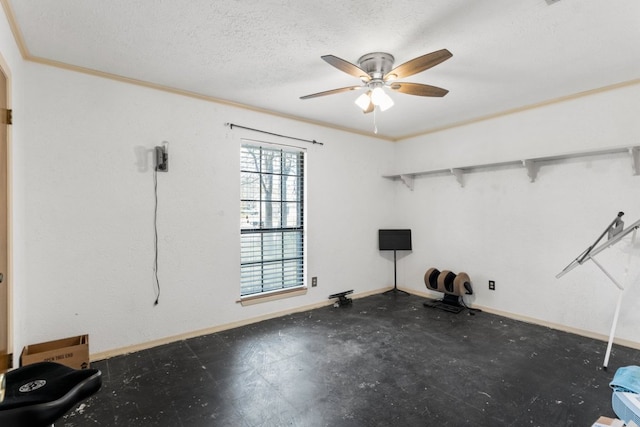 1304 Gatlinburg Dr, Pflugerville, TX 78660 - interior space with tile patterned floors, ornamental molding, a ceiling fan, a textured ceiling, and baseboards
