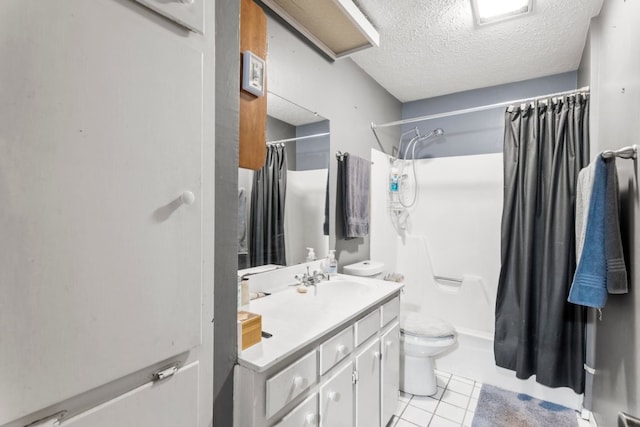 1304 Gatlinburg Dr, Pflugerville, TX 78660 - bathroom with tile patterned floors, a shower with curtain, toilet, a textured ceiling, and vanity