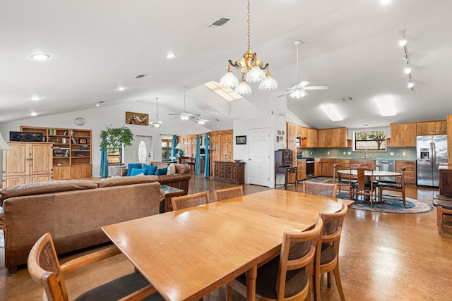501 Hays Country Acres Rd, Dripping Springs, TX 78620 - dining space with a ceiling fan, lofted ceiling, and recessed lighting