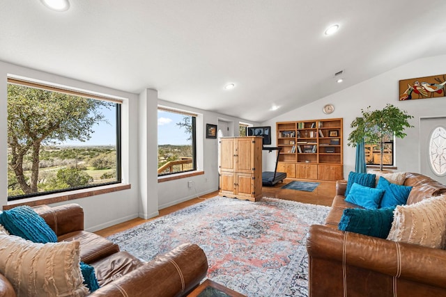501 Hays Country Acres Rd, Dripping Springs, TX 78620 - living room featuring vaulted ceiling, recessed lighting, and baseboards