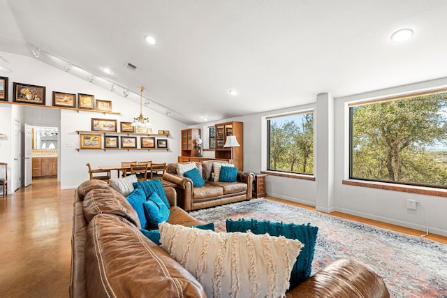 501 Hays Country Acres Rd, Dripping Springs, TX 78620 - living area with healthy amount of natural light, vaulted ceiling, recessed lighting, rail lighting, and baseboards