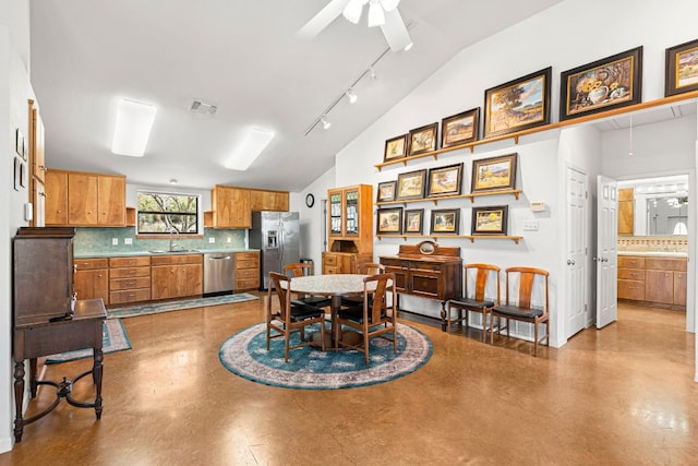 501 Hays Country Acres Rd, Dripping Springs, TX 78620 - dining area featuring ceiling fan and high vaulted ceiling