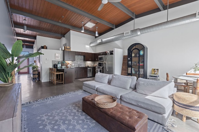 living room with wood ceiling, visible vents, arched walkways, beam ceiling, and high vaulted ceiling