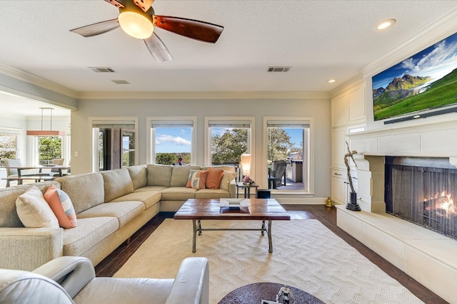 14415 Echo Blf, Austin, TX 78737 - living room with crown molding, a fireplace, dark wood-style floors, recessed lighting, and a ceiling fan