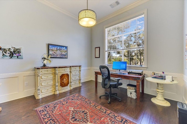 14415 Echo Blf, Austin, TX 78737 - office area featuring crown molding, wood finished floors, wainscoting, and a decorative wall