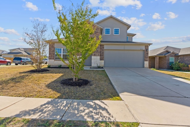 5825 Roderick Dr, Austin, TX 78724 - view of front of property with a garage, concrete driveway, brick siding, and a front lawn