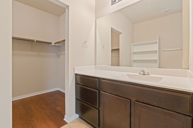 5825 Roderick Dr, Austin, TX 78724 - bathroom with vanity, wood finished floors, a walk in closet, and baseboards
