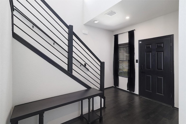 12024 Roving Pass, Elgin, TX 78621 - foyer entrance with stairs, dark wood-style flooring, and recessed lighting