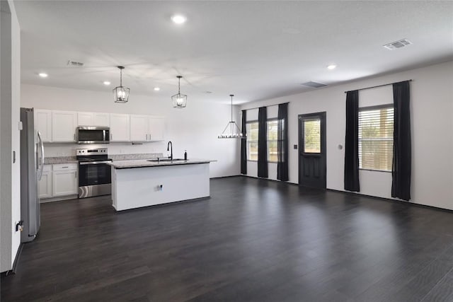 12024 Roving Pass, Elgin, TX 78621 - kitchen with appliances with stainless steel finishes, recessed lighting, open floor plan, white cabinetry, and dark wood-style flooring