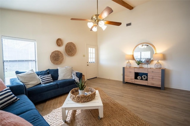 1510 Prather St, Taylor, TX 76574 - living area featuring visible vents, baseboards, ceiling fan, beam ceiling, and wood finished floors