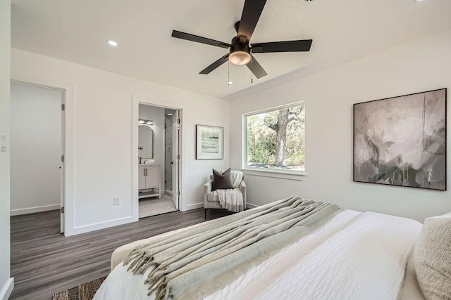 5510 Coventry Ln, Austin, TX 78723 - bedroom with wood finished floors, recessed lighting, ensuite bath, and ceiling fan