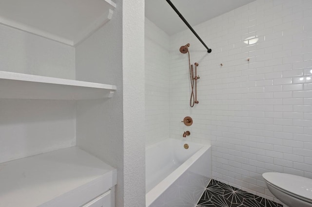 5907 Glenhollow Path, Austin, TX 78745 - full bath featuring tub / shower combination, toilet, and tile patterned flooring