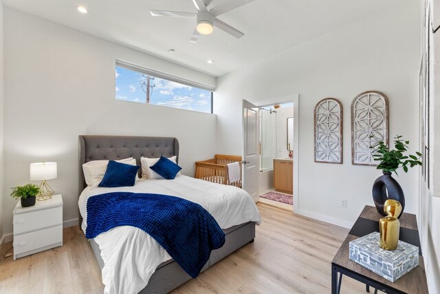 5809 Toscana Ave, Austin, TX 78724 - bedroom featuring light wood-style floors, baseboards, connected bathroom, recessed lighting, and a ceiling fan