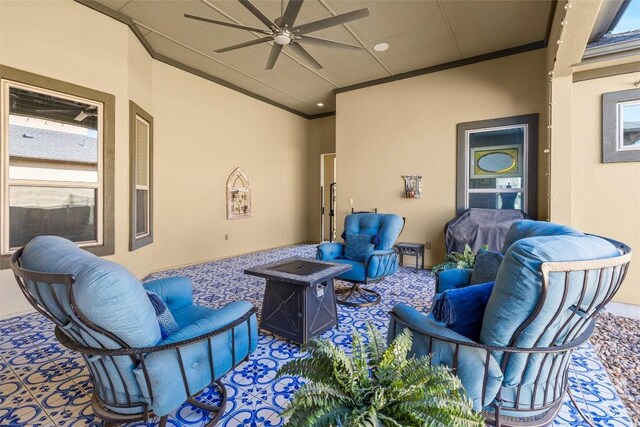 362 Wellington Dr, Austin, TX 78737 - view of patio / terrace with ceiling fan and a fire pit