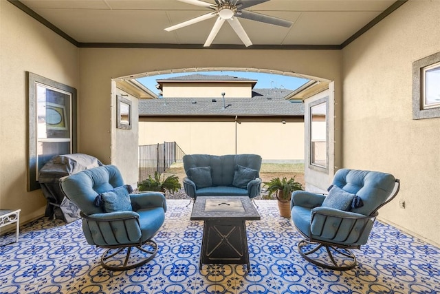 362 Wellington Dr, Austin, TX 78737 - sitting room with ornamental molding, a textured wall, and ceiling fan