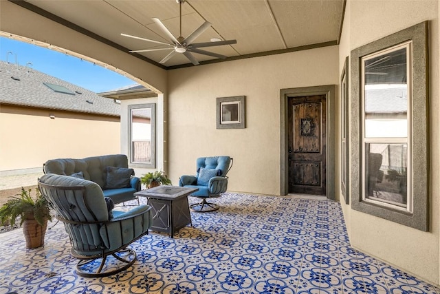 362 Wellington Dr, Austin, TX 78737 - view of patio featuring an outdoor living space with a fire pit and ceiling fan
