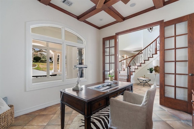 office area featuring french doors, baseboards, coffered ceiling, beam ceiling, and visible vents