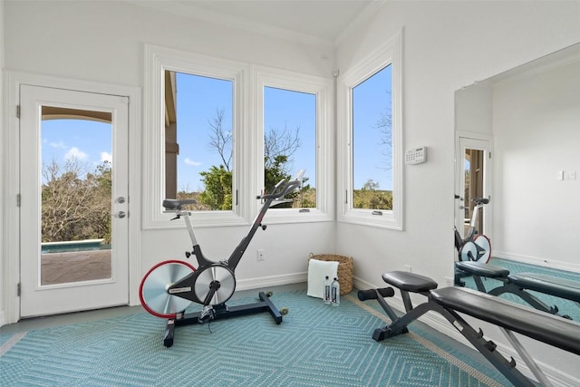 workout area featuring baseboards, crown molding, carpet flooring, and plenty of natural light