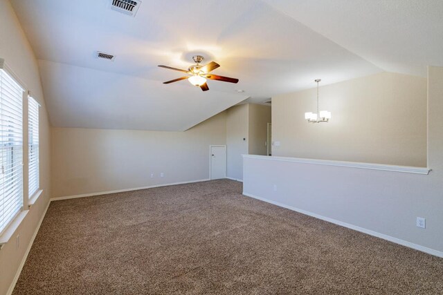 2532 Santa Barbara Loop, Round Rock, TX 78665 - bonus room with lofted ceiling, a chandelier, a ceiling fan, carpet floors, and baseboards