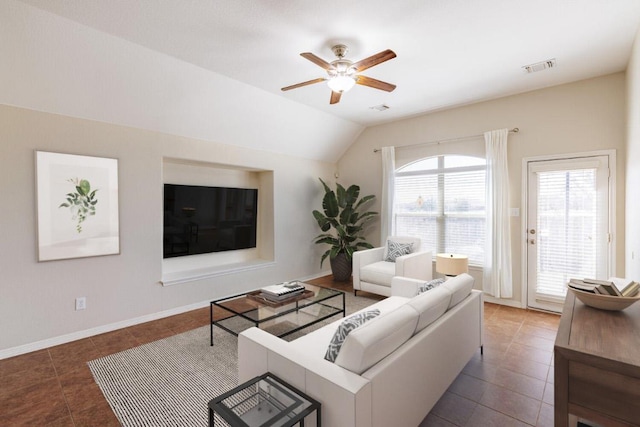 2532 Santa Barbara Loop, Round Rock, TX 78665 - living room with tile patterned floors, ceiling fan, lofted ceiling, and baseboards
