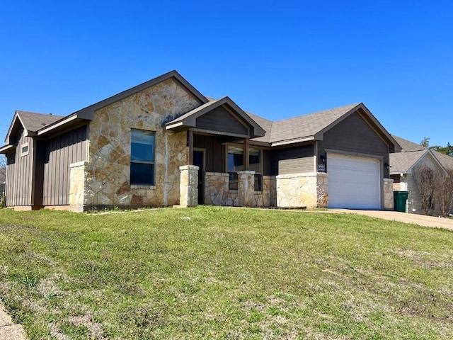 112 Flat Creek Dr, Robinson, TX 76706 - ranch-style house featuring stone siding, an attached garage, a front yard, and board and batten siding