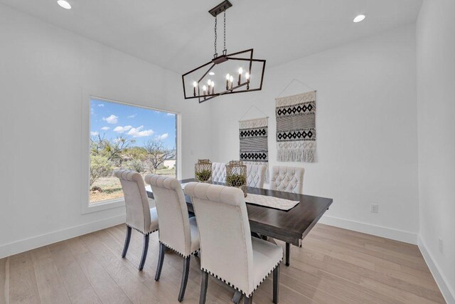 102 Mountain Home Rd, Horseshoe Bay, TX 78657 - dining area featuring a chandelier, baseboards, light wood-style floors, and recessed lighting
