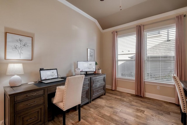 3204 Venezia Vw, Leander, TX 78641 - home office featuring crown molding, lofted ceiling, light wood-type flooring, and healthy amount of natural light