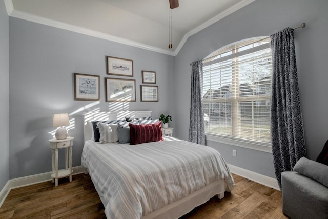 3204 Venezia Vw, Leander, TX 78641 - bedroom featuring ornamental molding, vaulted ceiling, wood finished floors, and ceiling fan
