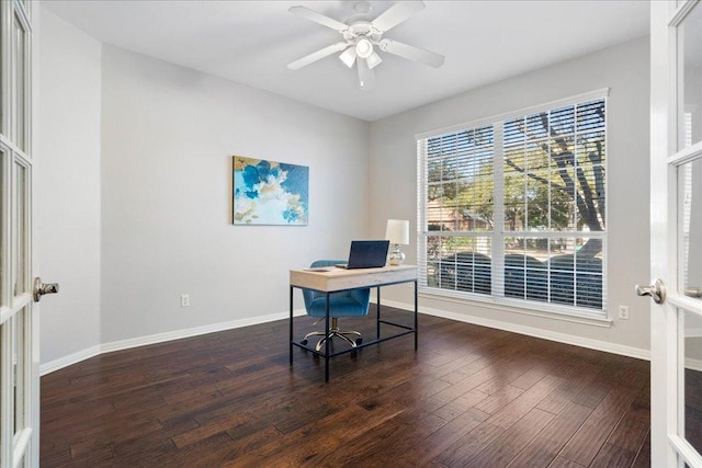 5201 Keene Cv, Austin, TX 78730 - office featuring baseboards, wood finished floors, and ceiling fan