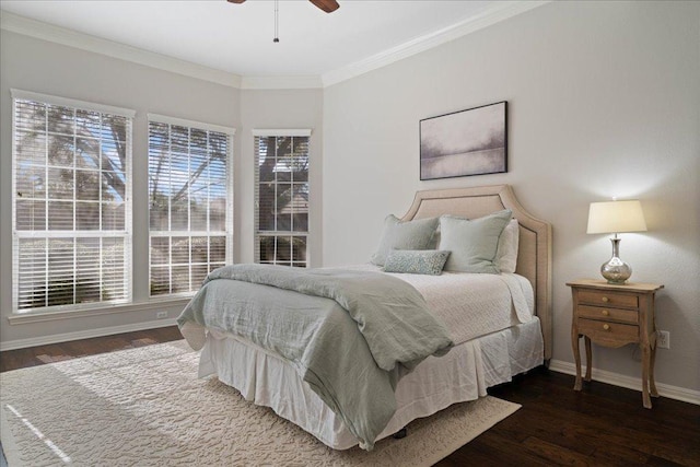 5201 Keene Cv, Austin, TX 78730 - bedroom featuring ornamental molding, wood finished floors, baseboards, and a ceiling fan