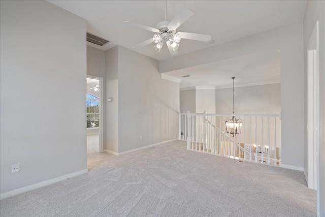 5201 Keene Cv, Austin, TX 78730 - spare room featuring a chandelier, carpet, a ceiling fan, and crown molding