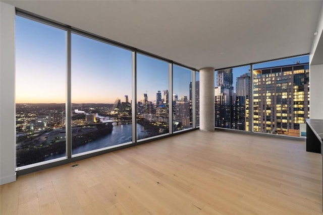 44 E Ave Unit 3203, Austin, TX 78701 - spare room featuring a skyline view, wood finished floors, a wall of windows, and healthy amount of natural light
