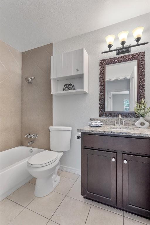 full bath with tile patterned flooring, toilet, vanity, and bathing tub / shower combination