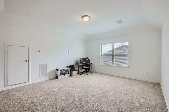 office space featuring visible vents, baseboards, and carpet floors